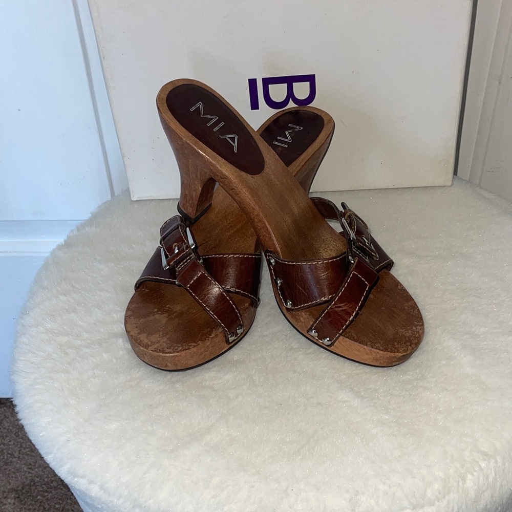 MIA Brown Leather Mules with Buckle